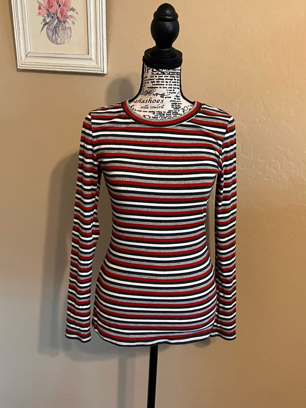 bp Striped Ribbed Long-Sleeve Top - Red, Black & White